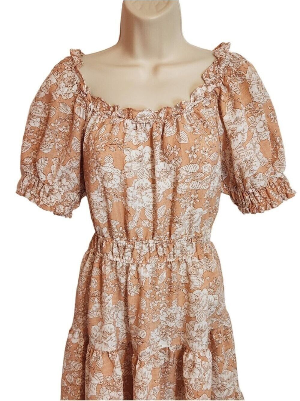 Blu Pepper Mini Dress Peach White Floral Puff Sleeve Medium - Picture 2 of 9